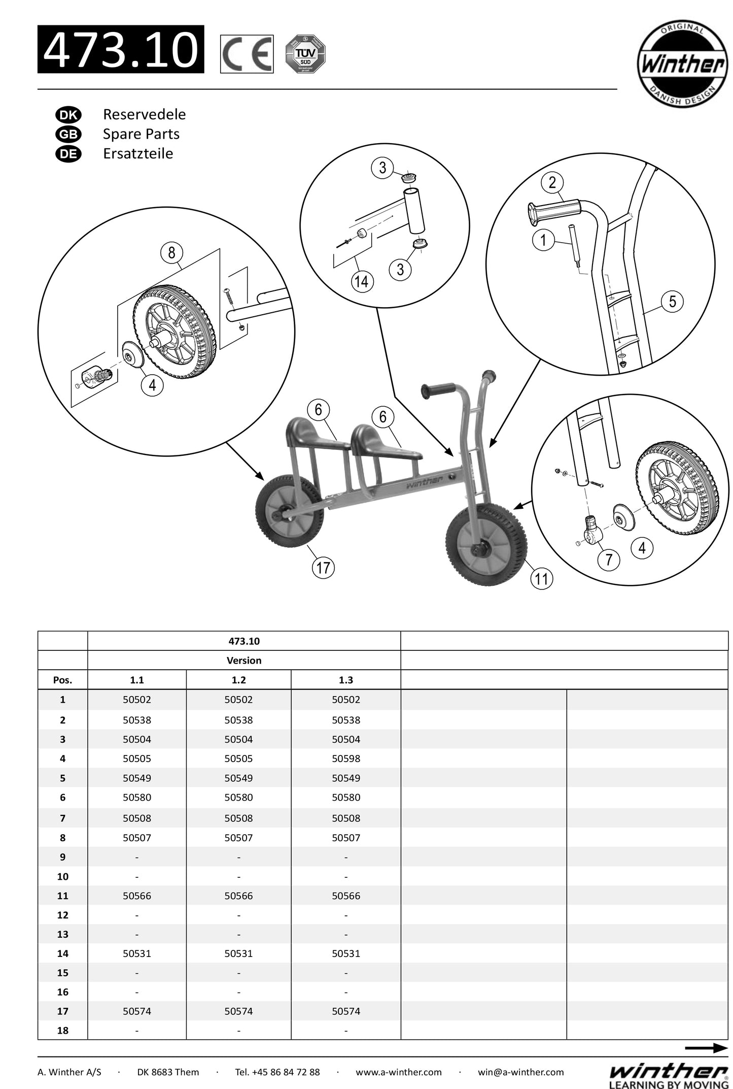 Winther Viking Tandem Bike Runner (Model No. 473) Spare Parts