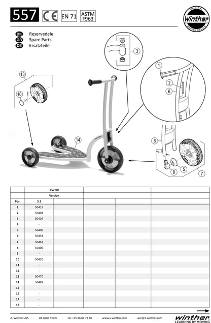 Winther Circleline Three-Wheel Scooter (Model No. 557) Spare Parts